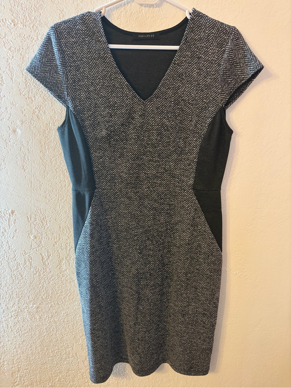 Hailey:23 Black & Gray Herringbone V-Neck Sheath Dress
